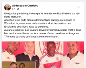 عبد السلام وادو يُهاجم جامعة الكرة بسبب قضية الوداد مع سيسوكو