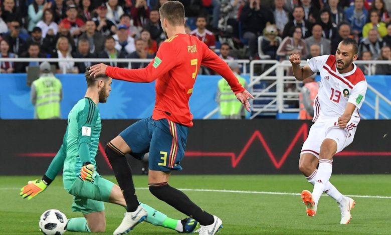 خالد بوطيب من مباراة المنتخب المغربي والمنتخب الإسباني في مونديال روسيا 2018