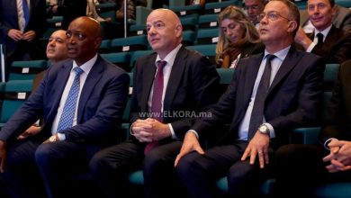 جياني إنفانتينو رئيس الفيفا و باتريس موتسيبي رئيس الكاف إلى جانب فوزي لقجع رئيس جامعة الكرة المغربية